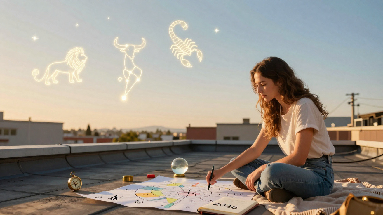 Mulher sentada num terraço a desenhar mapa astral com constelações iluminadas no céu ao pôr do sol.