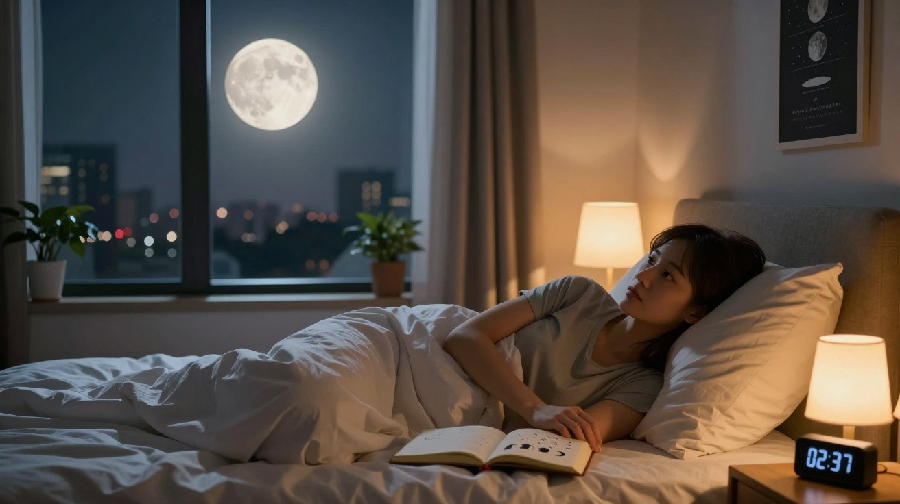 Mulher deitada na cama a olhar pela janela para a lua cheia durante a noite, com livro aberto e luzes de quarto acesas.