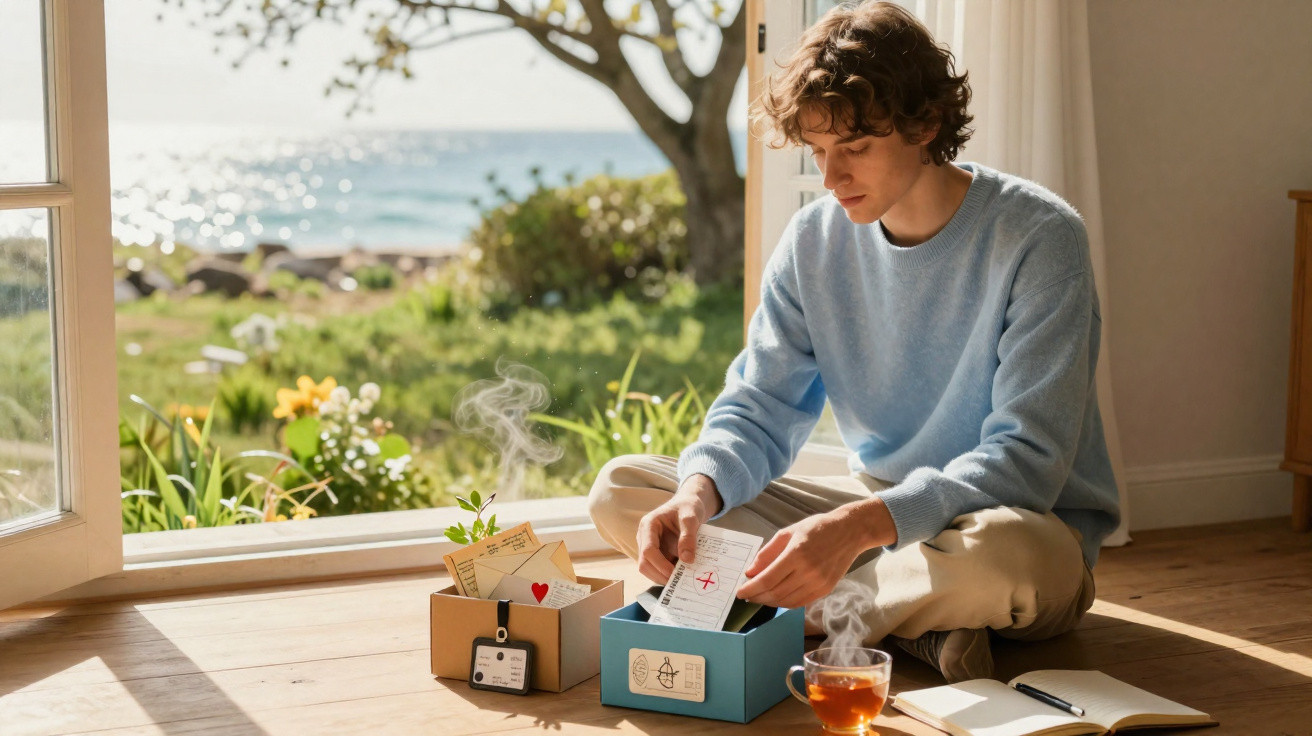 Jovem sentado junto a uma porta aberta a ler cartas, com chá fumegante e vista para o mar ao fundo.