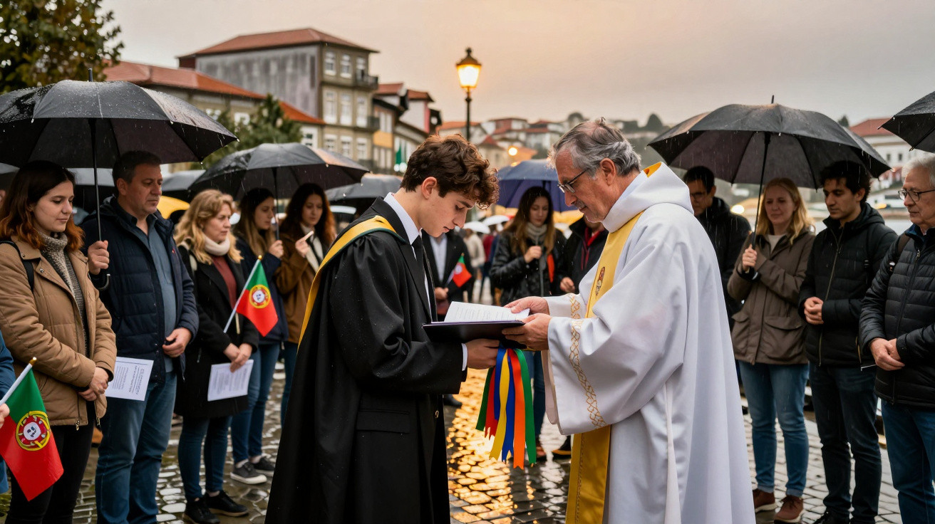 Cerimónia ao ar livre com jovem vestido a beca e sacerdote em missa, rodeados por pessoas com guarda-chuvas e bandeiras de Po