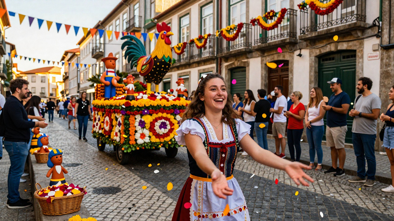 Jovem em traje tradicional dança na rua durante desfile com carro alegórico decorado com flores e figuras.