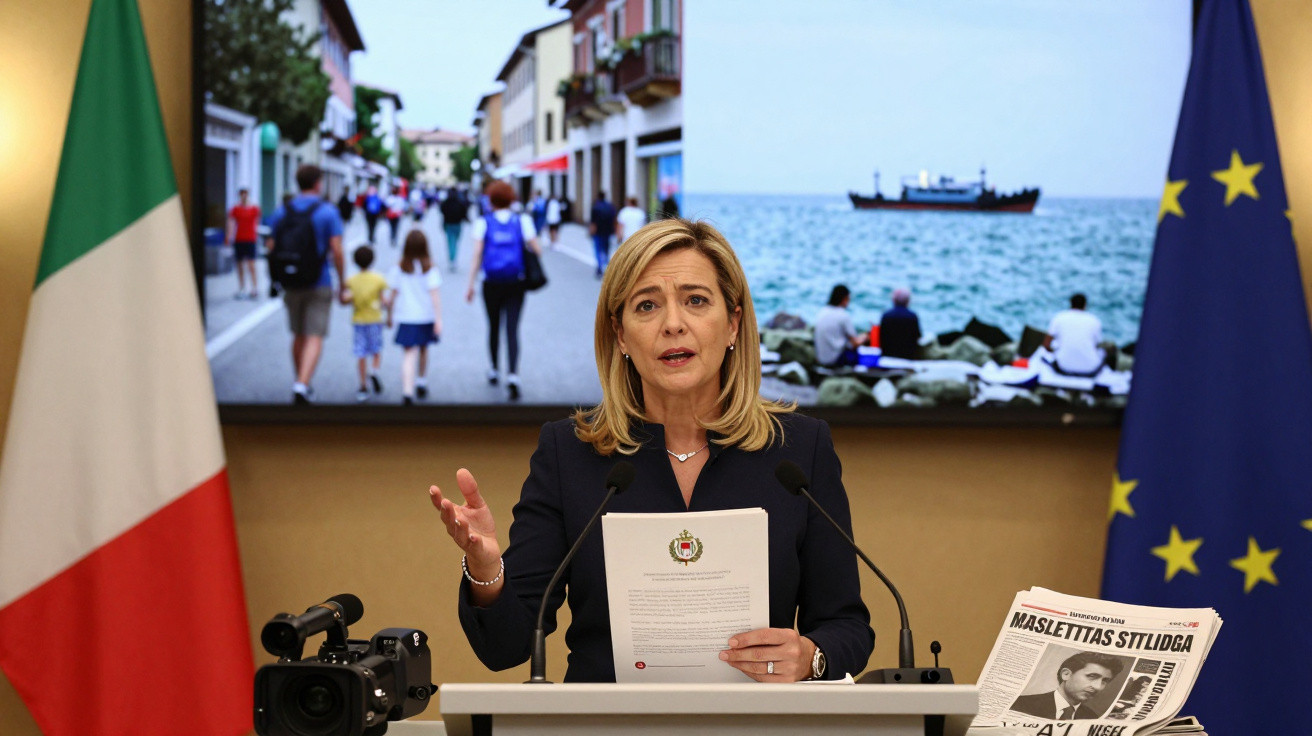 Mulher a discursar em púlpito com bandeiras italiana e europeia e imagens de pessoas e mar ao fundo.