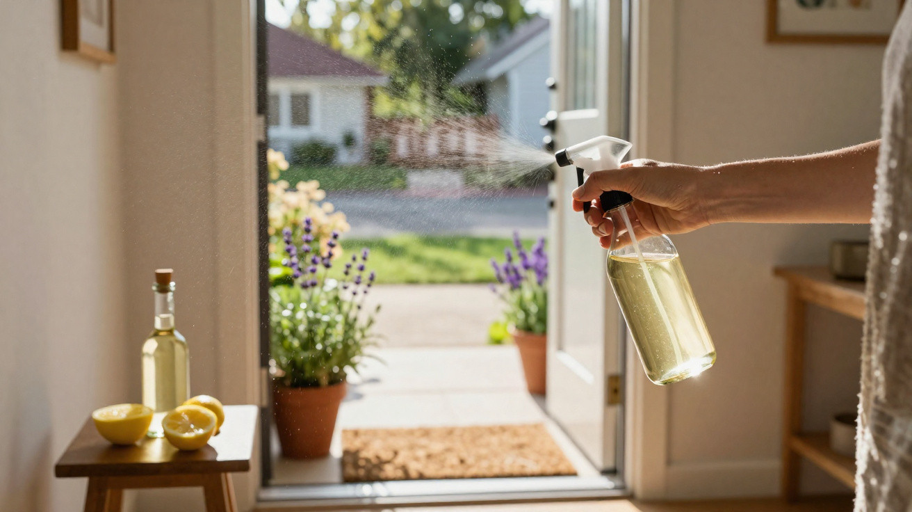 Pessoa borrifando solução em garrafa de spray junto a porta aberta com plantas em vasos no exterior.