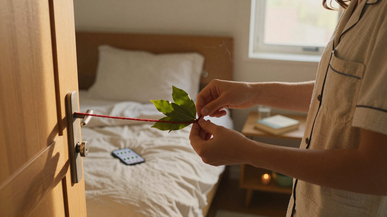 Mãos a decorar uma porta com um fio vermelho e uma folha verde, quarto com cama e telemóvel ao fundo.