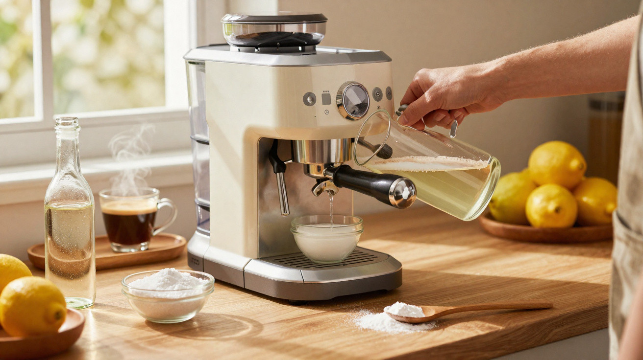 Máquina de café a ser usada numa cozinha com ingredientes e limões sobre a bancada de madeira.