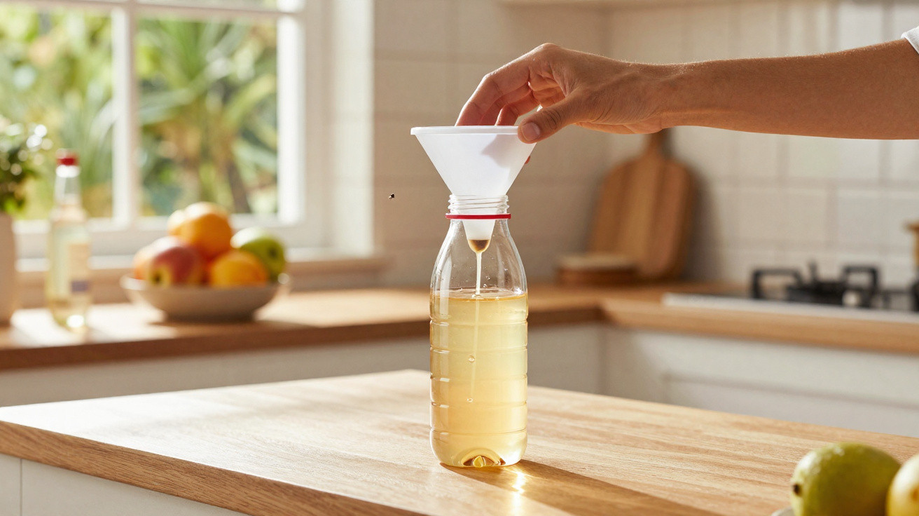 Mão a verter líquido amarelo através de funil para garrafa de plástico numa cozinha iluminada.