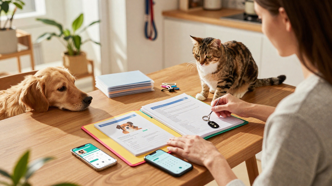 Mulher a preencher documentação de adoção com um gato na mesa e um cão a observar.