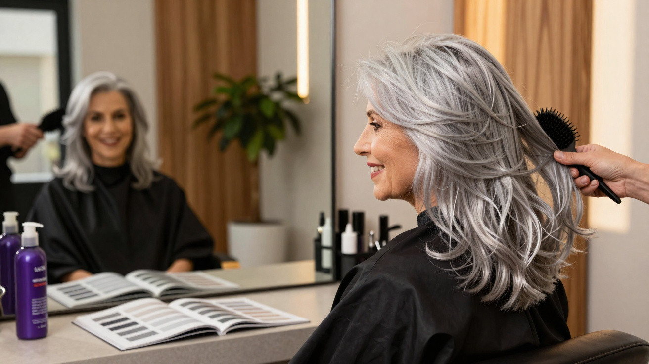 Mulher idosa com cabelo grisalho sendo penteada num cabeleireiro com espelho à frente.