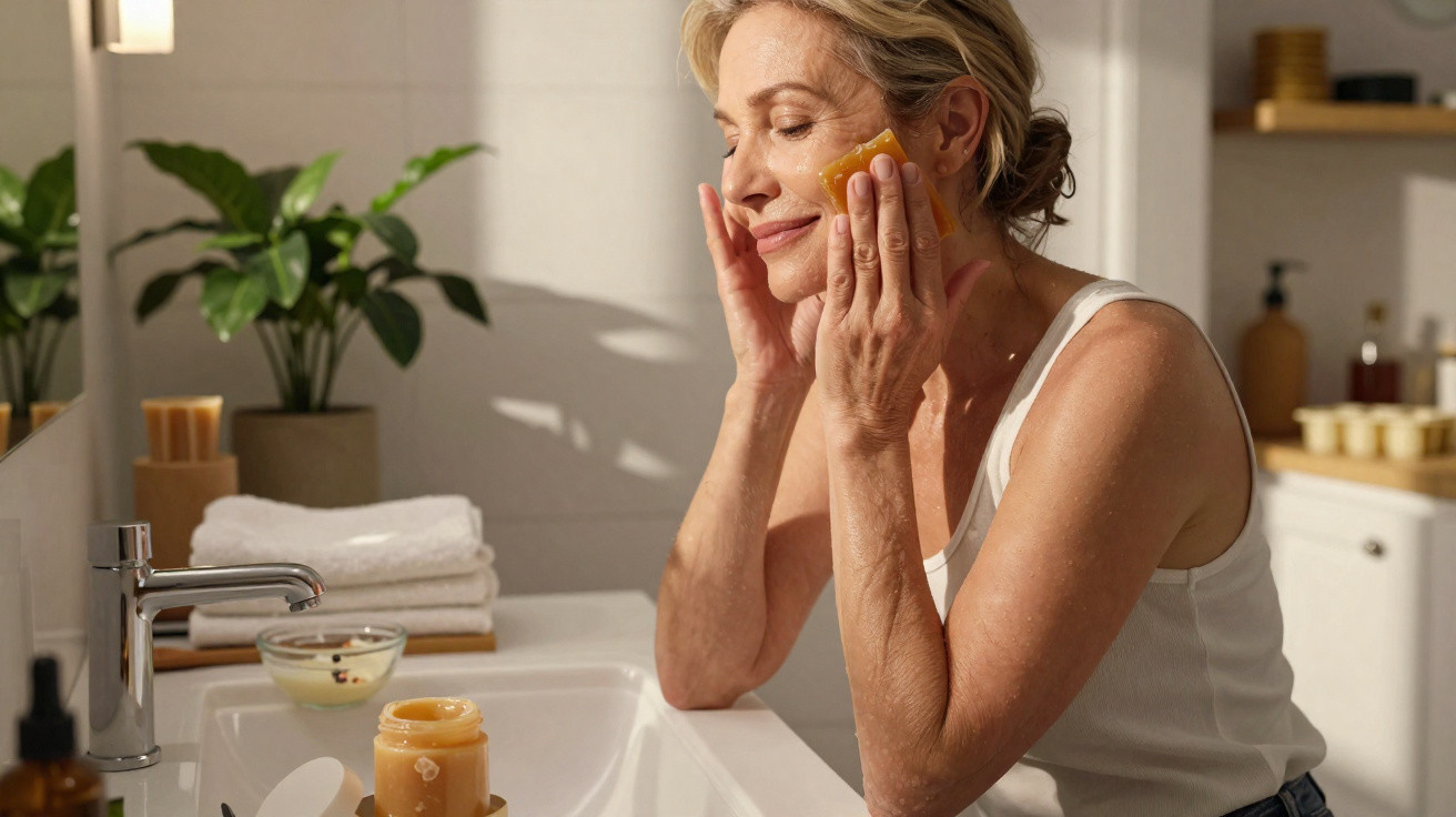 Mulher aplicando máscara facial num ambiente de casa de banho luminoso e tranquilo.