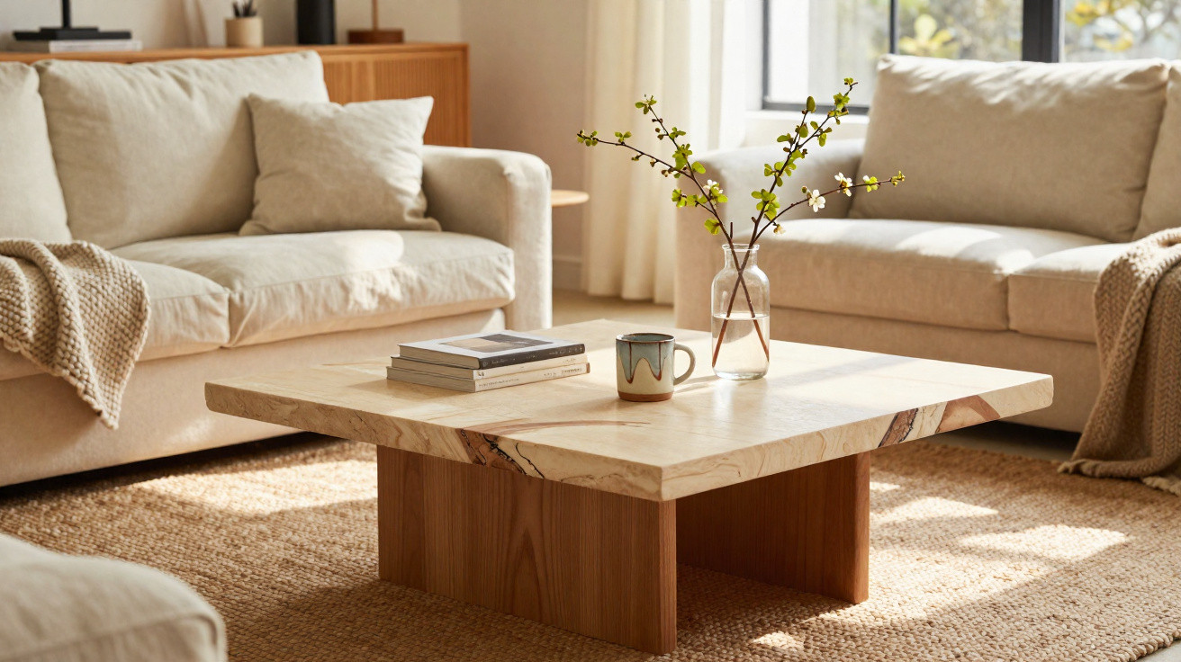 Sala de estar com duas sofás beige, mesa de centro em madeira com livros e jarro com ramos verdes.