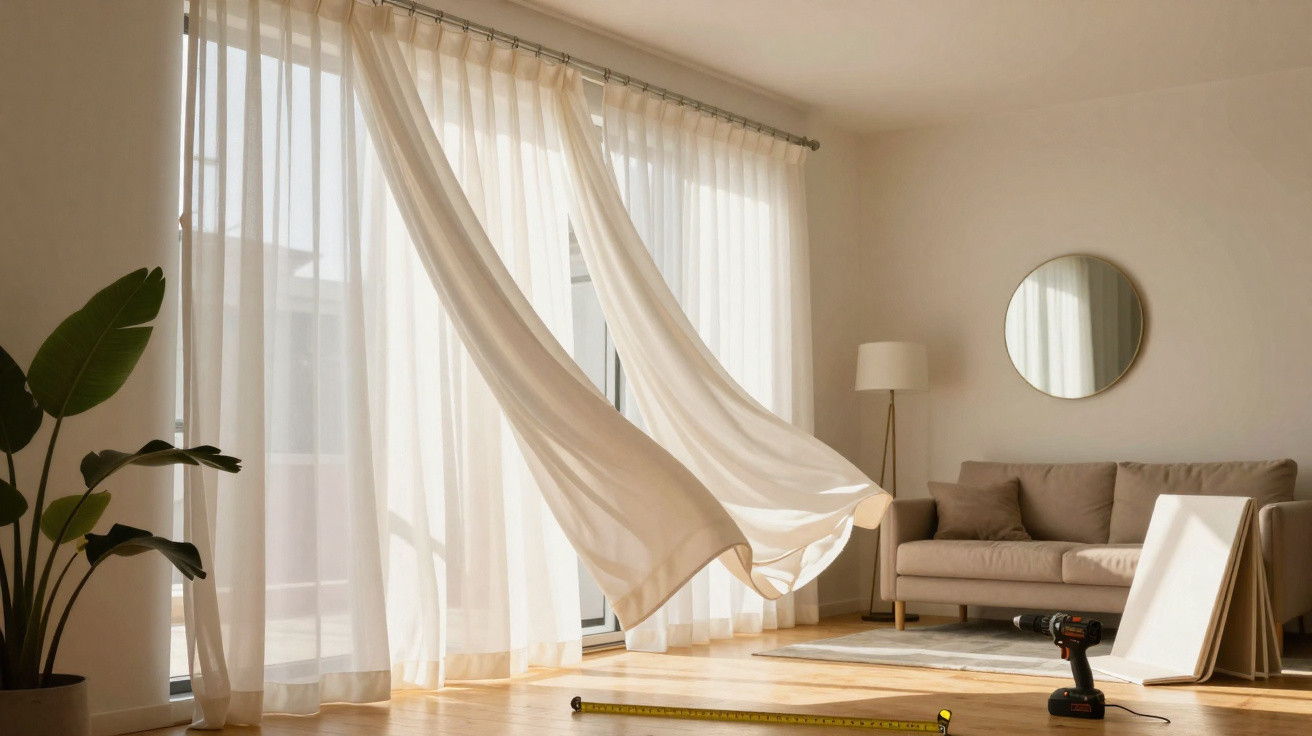 Salão luminoso com cortinas brancas ao vento, sofá bege, planta, espelho redondo e ferramentas no chão.