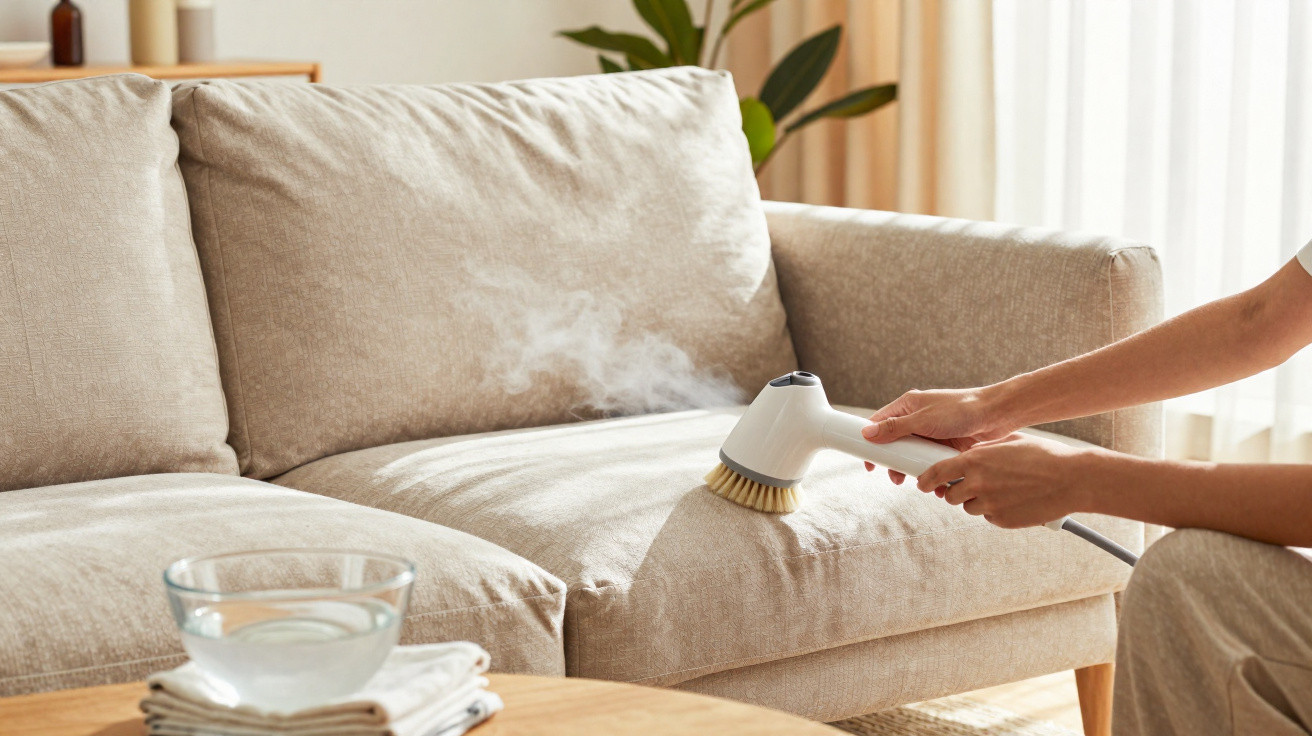 Pessoa a limpar sofá bege com escova elétrica a vapor num ambiente iluminado pela luz natural.