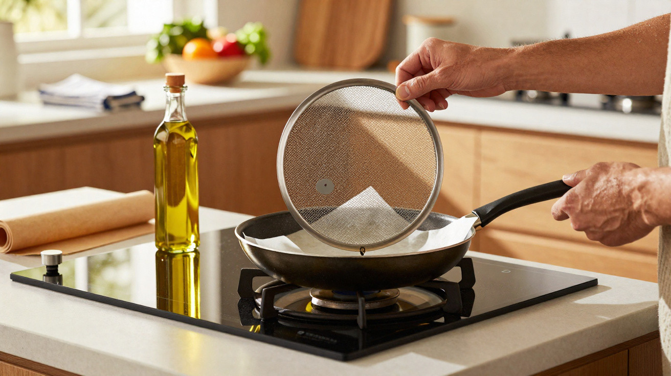 Mãos a colocar uma tampa de proteção numa frigideira sobre um fogão na cozinha com óleo e frutas ao fundo.
