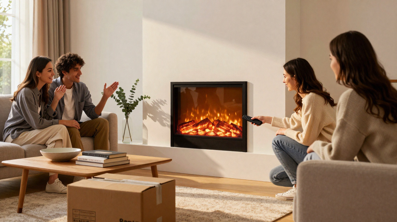 Quatro pessoas a conversar e a assistir a uma lareira elétrica num ambiente acolhedor e moderno.