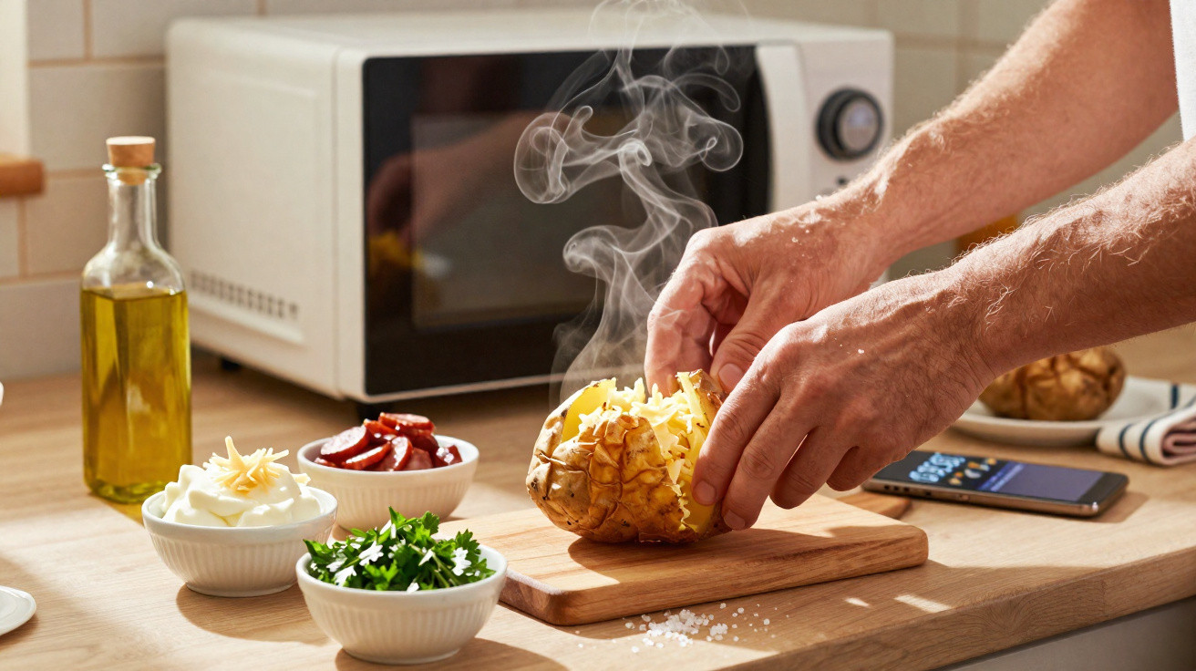 Mãos a preparar batata assada quente com queijo ralado, perto de tacinhas com ingredientes e micro-ondas na cozinha.
