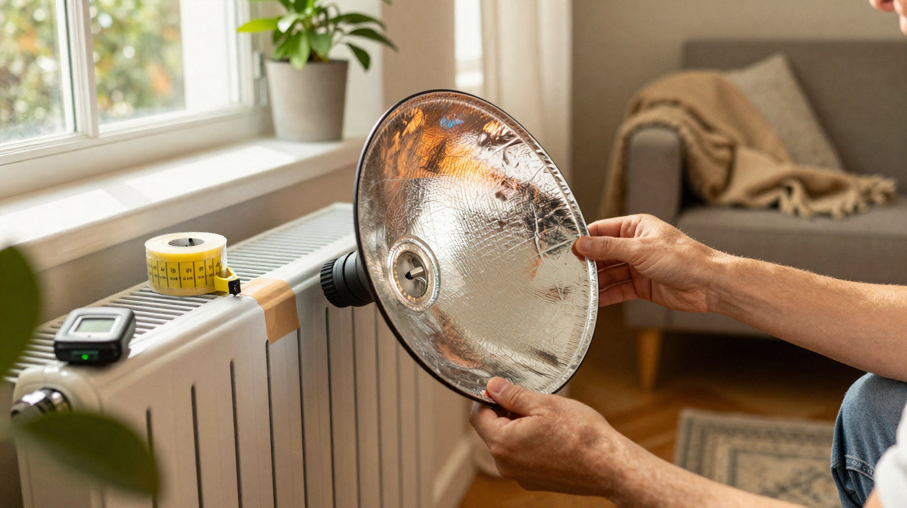 Pessoa a segurar um refletor prateado junto a um radiador e fita métrica num ambiente interior.
