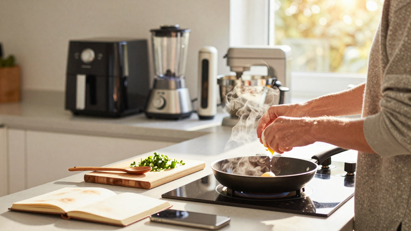 Pessoa a partir um ovo numa frigideira fumegante numa cozinha moderna com legumes e utensílios.