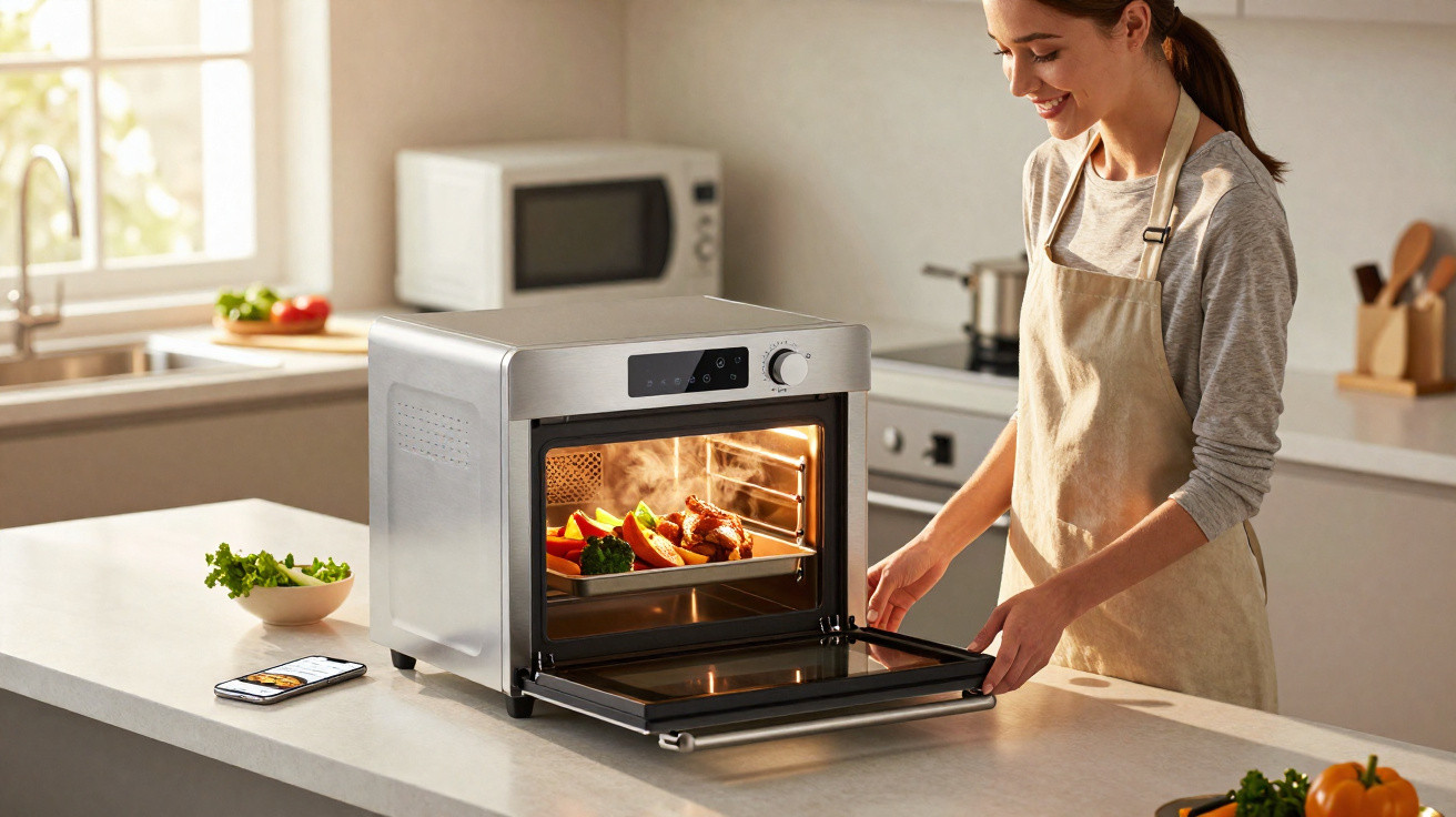 Mulher a retirar comida saudável a cozinhar num forno elétrico numa cozinha moderna.