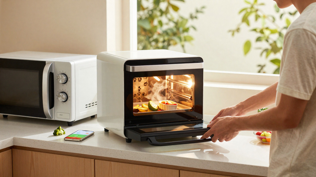 Pessoa a retirar alimentos quentes do forno elétrico numa cozinha moderna com micro-ondas ao lado.