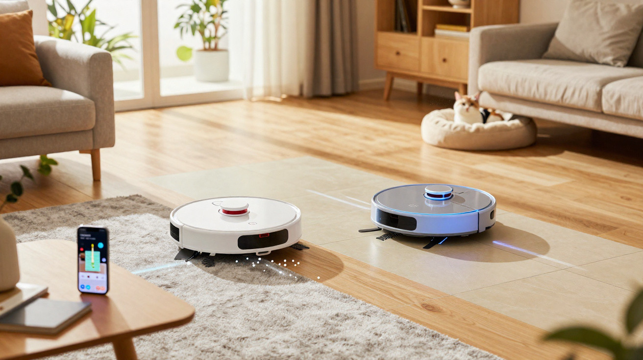 Dois robots aspiradores limparam um chão de madeira e tapete numa sala moderna com sofá e gato numa cama.