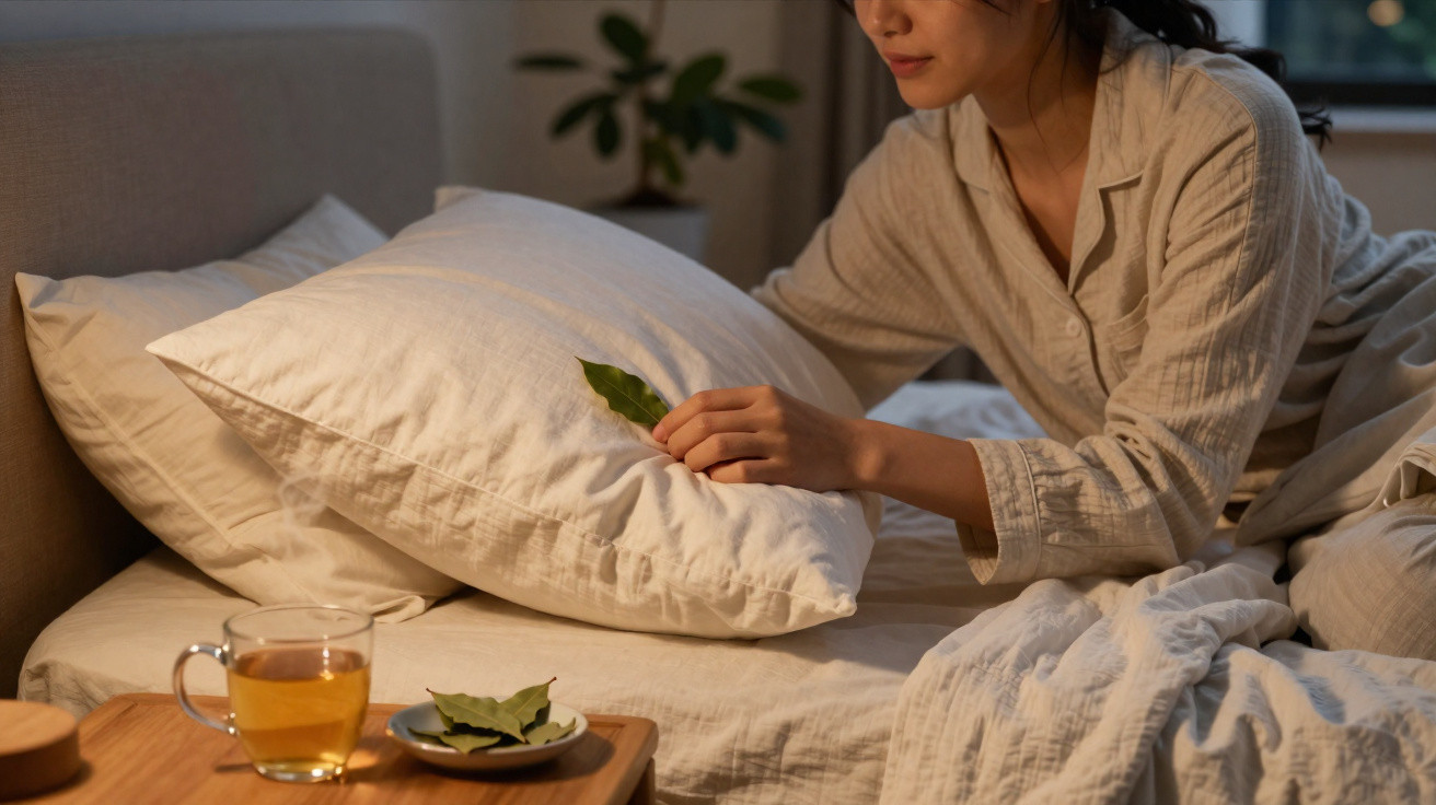 Mulher a colocar folhas de louro debaixo da almofada na cama, com chá numa mesa ao lado.