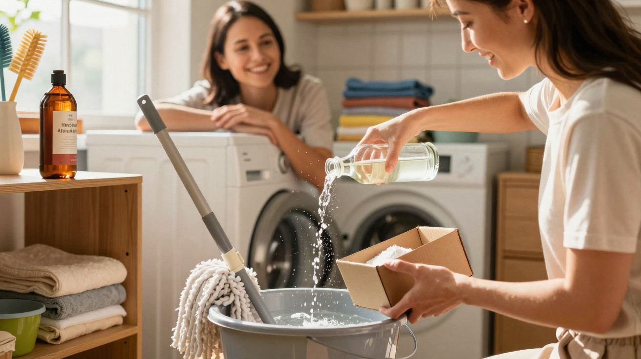 Duas mulheres preparam solução de limpeza com detergente junto à lavadora na área de lavandaria doméstica.