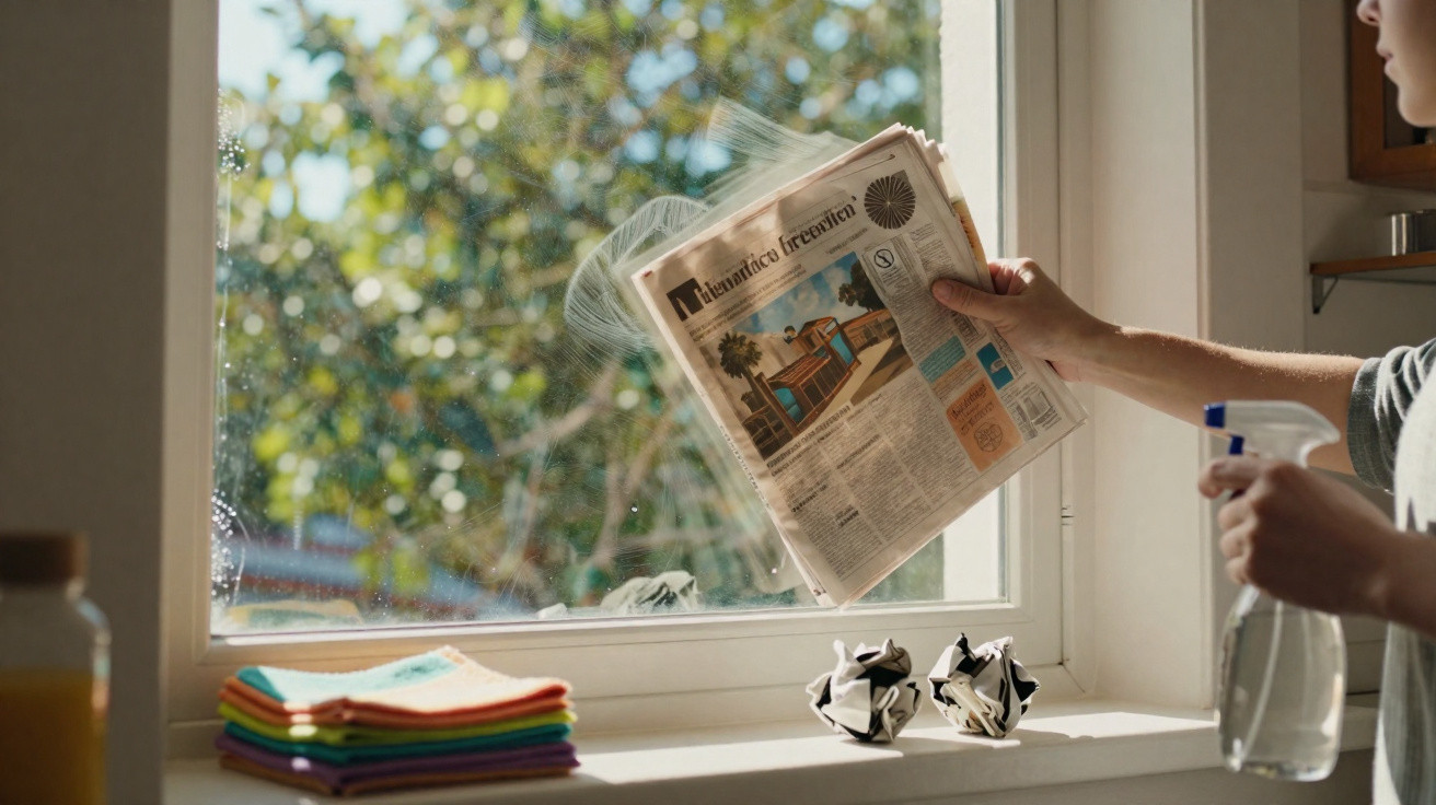 Pessoa a limpar janela com jornal e borrifador, com panos coloridos e bolas de jornal na janela.