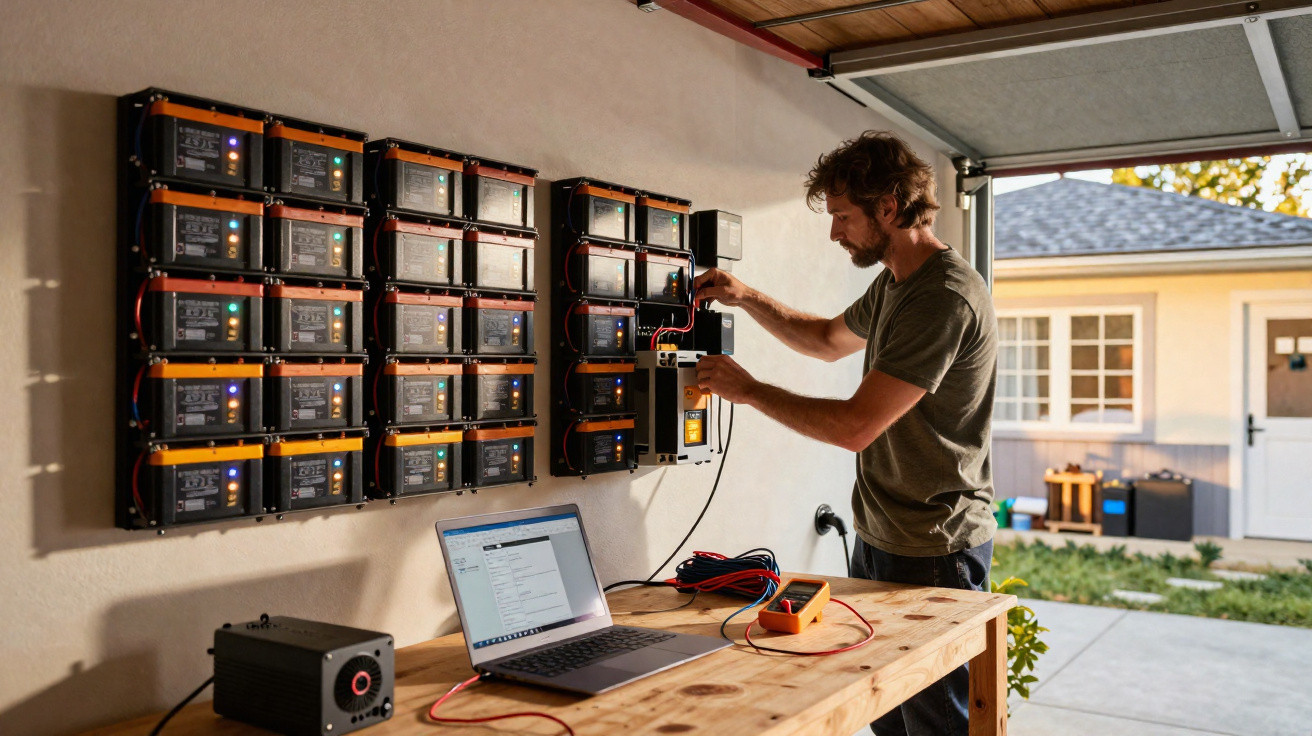 Homem a ajustar equipamento elétrico ligado a várias baterias montadas na parede numa garagem.