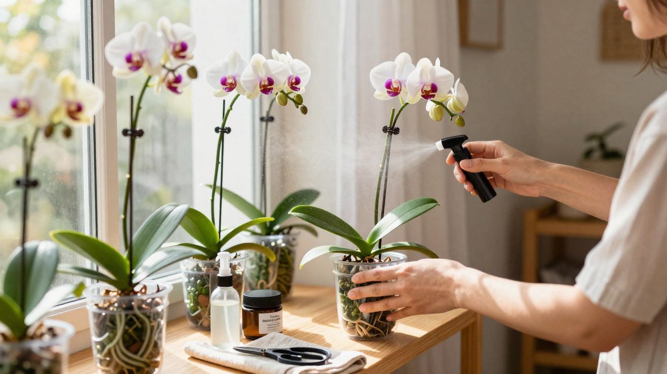 Pessoa a borrifar orquídeas brancas em vasos transparentes junto a uma janela com luz natural.