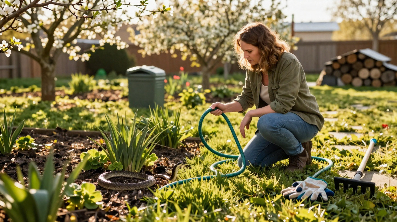 Mulher a cuidar do jardim com mangueira, rodeada por plantas verdes e árvores floridas ao pôr do sol.
