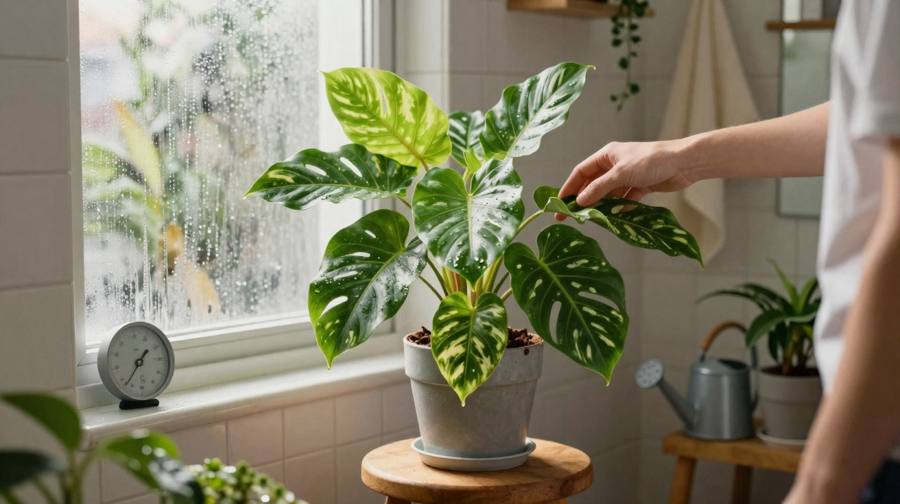 Mão a cuidar de planta Monstera variegata em vaso junto a janela com gotas de chuva e utensílios de jardinagem.