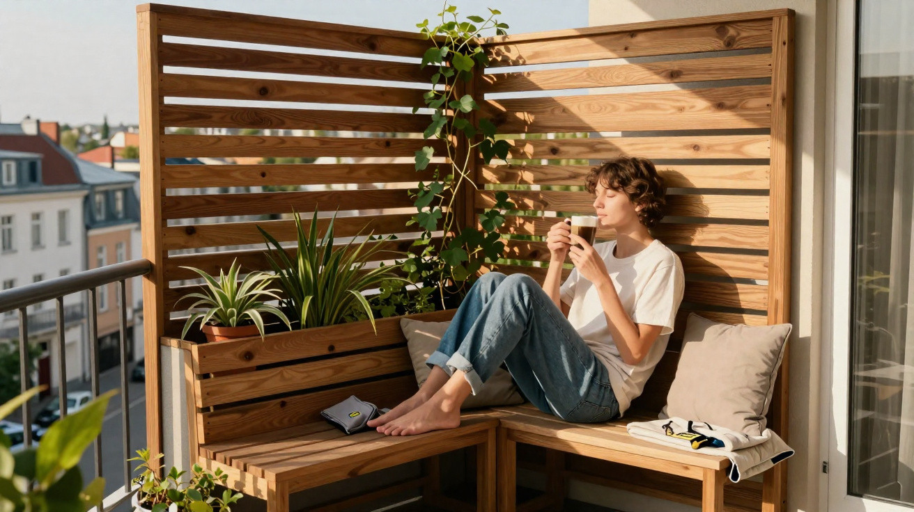 Mulher sentada numa varanda em banco de madeira, rodeada de plantas, a beber café ao sol.