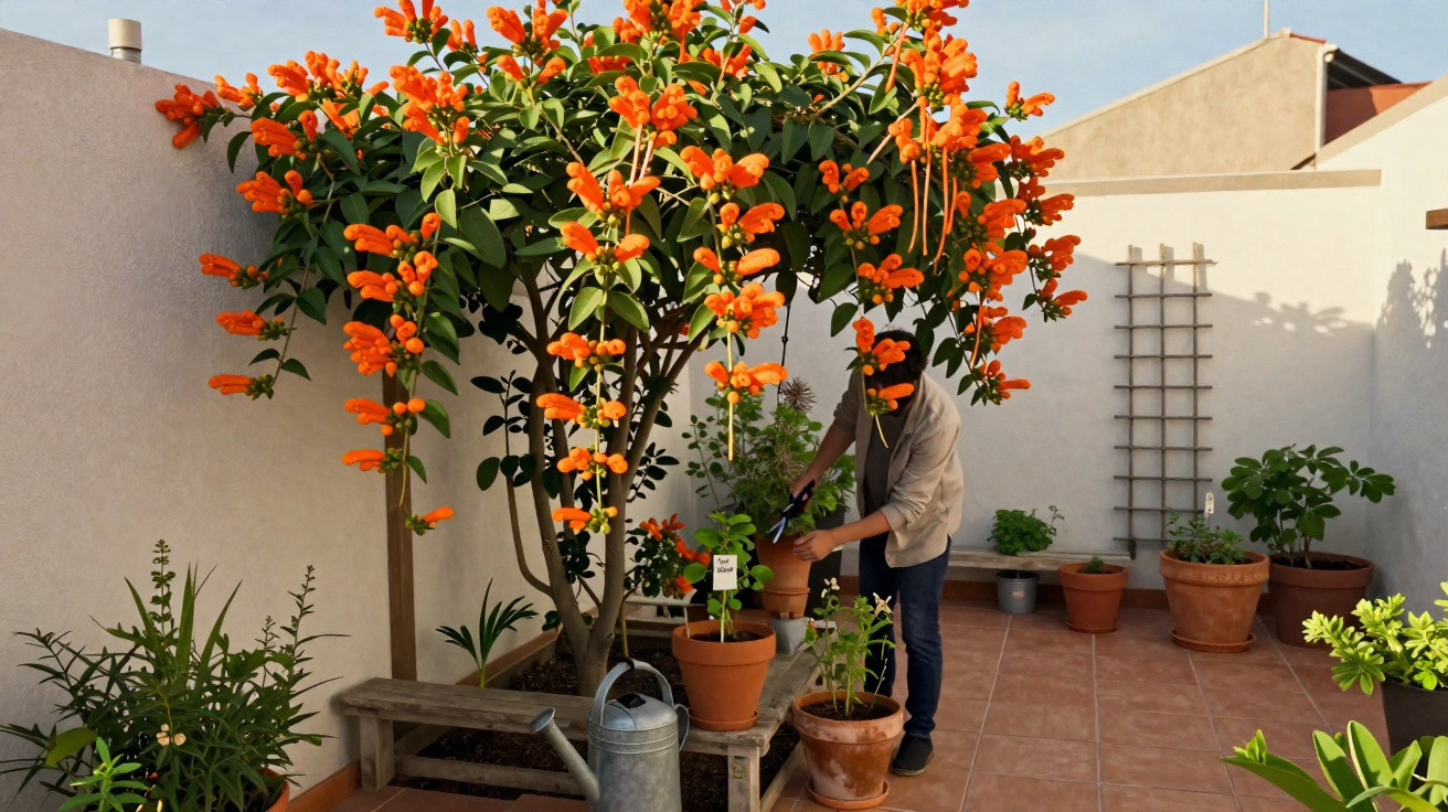 Pessoa a tratar de plantas num terraço com flores laranja e vasos de barro.