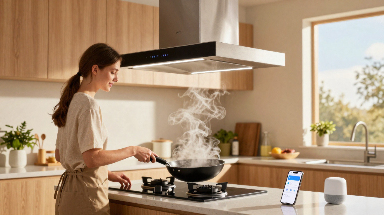 Mulher a cozinhar num fogão de gás numa cozinha moderna com exaustor e dispositivos inteligentes na bancada.