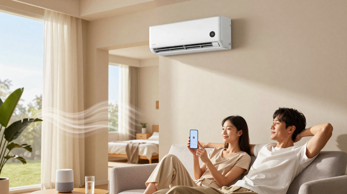 Casal relaxa no sofá com ar condicionado ligado na parede, numa sala luminosa e decoração minimalista.
