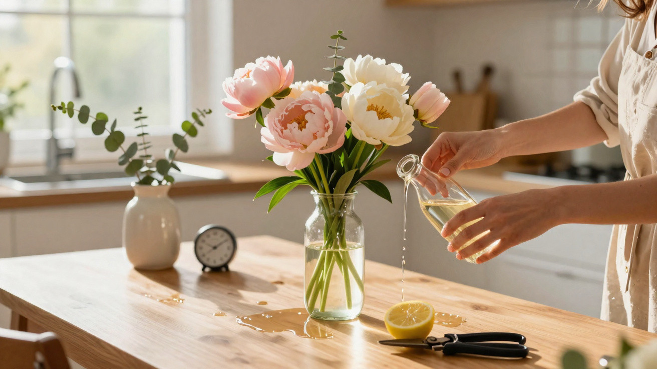 Mãos a regar flores em jarro com líquido sobre mesa de madeira numa cozinha iluminada.