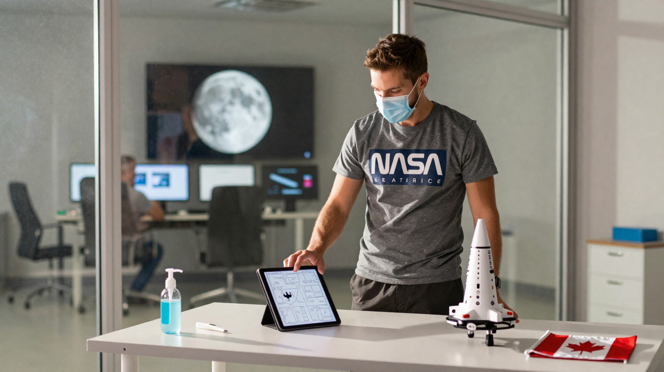 Homem com máscara num escritório, vê esquema espacial num tablet, com modelo de foguetão e bandeira do Canadá na mesa.