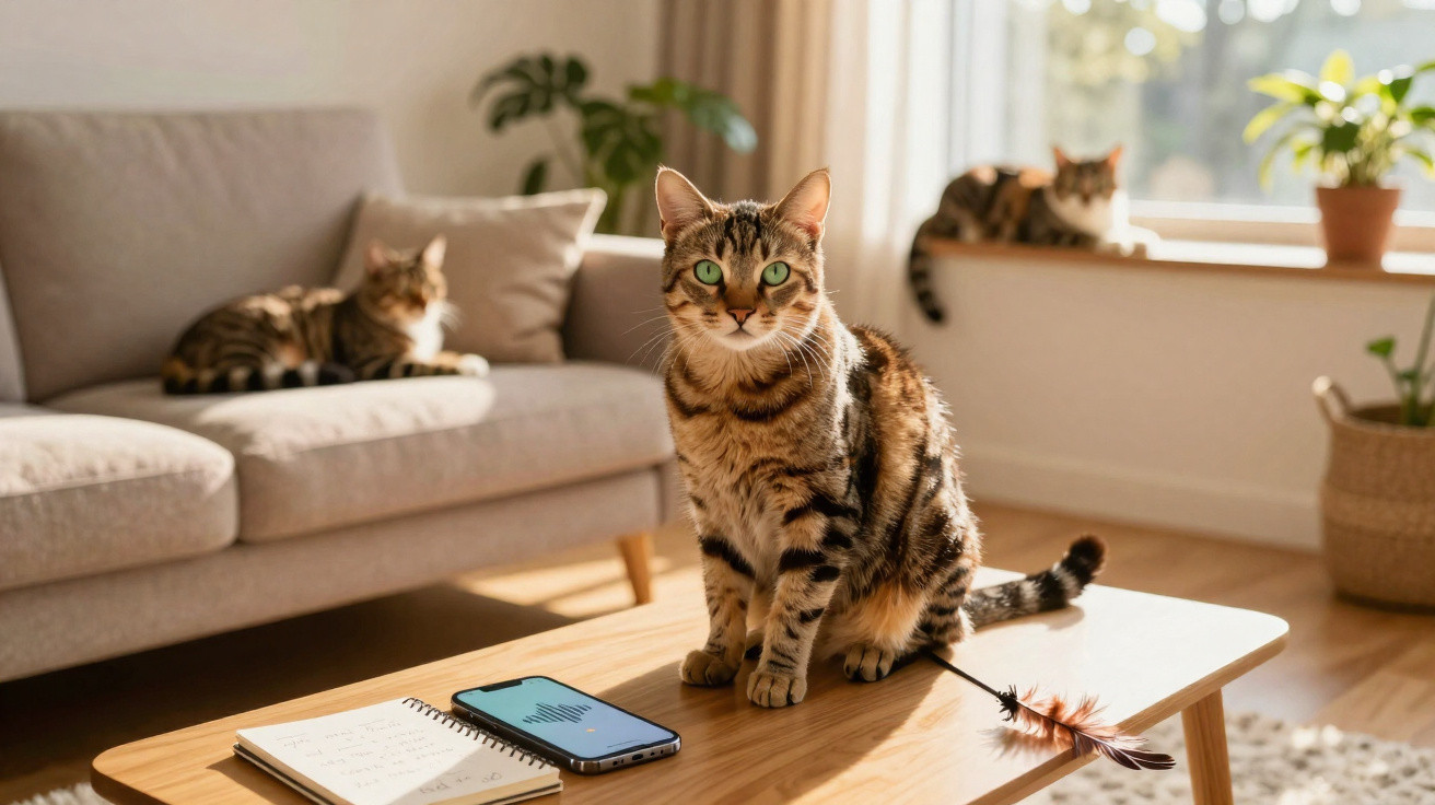 Três gatos tigrados num ambiente luminoso, um sentado numa mesa de madeira com smartphone e caderno.