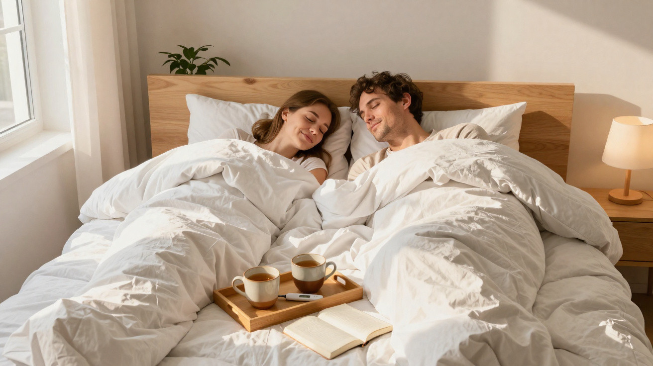 Casal deitado na cama com cobertores brancos, xícaras de café e livro numa bandeja entre eles.