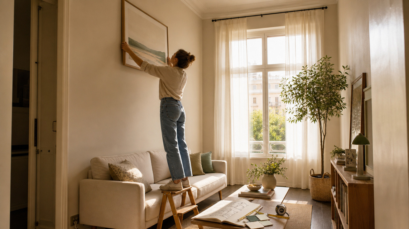 Mulher a pendurar quadro na sala de estar com sofá, janela grande e plantas decorativas em ambiente iluminado.
